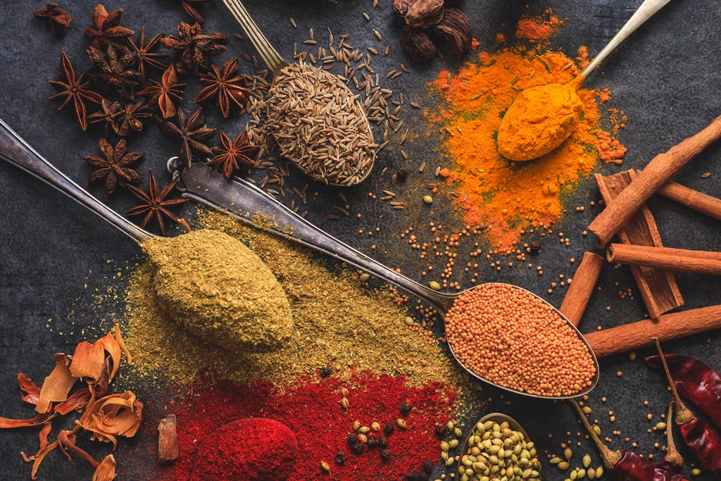 Ayurveda medicine - turmeric, cumin, chilli, star anise, cinnamon spices